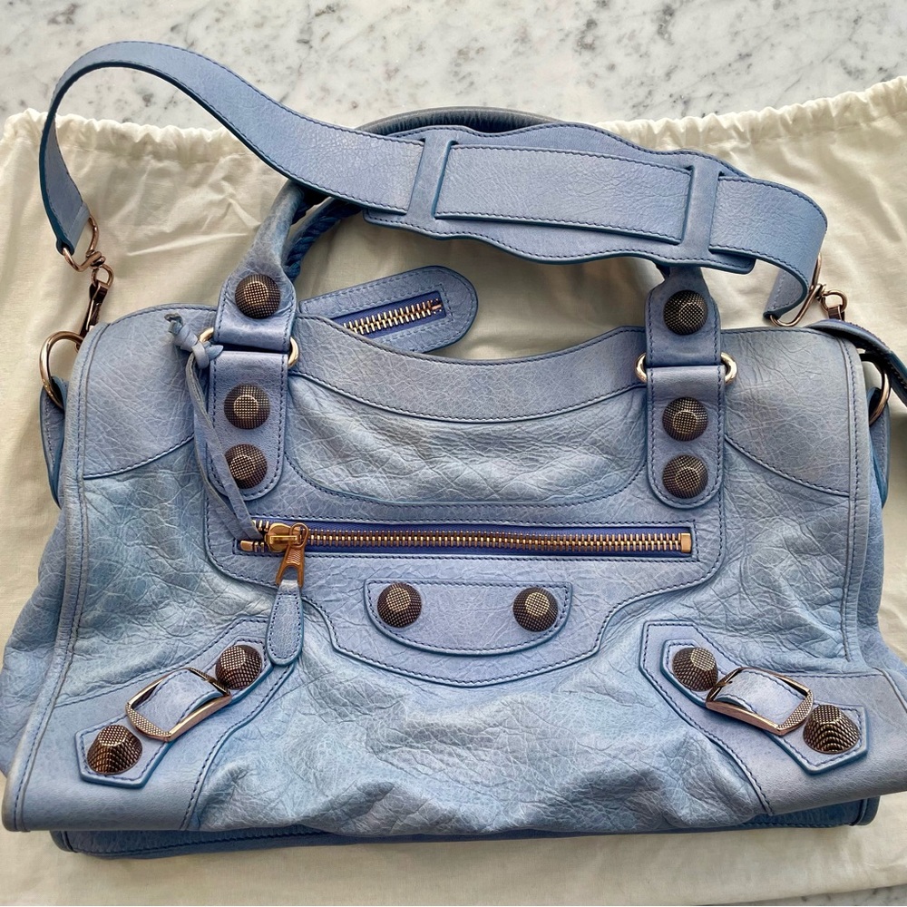 Balenciaga Blue Satchel with Distinctive Hardware
